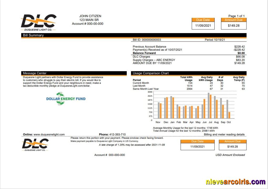 USA Pennsylvania Duquesne Light Company DLC utility bill